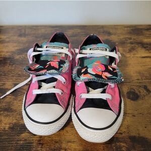 Converse Kids' Pink and Black Floral Sneakers with Double Tongue Size 3.5
